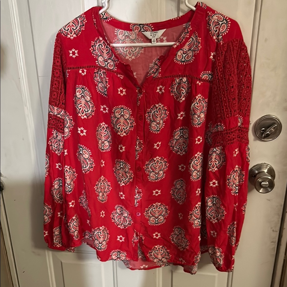 Crown & Ivy Red Long Sleeve Relaxed Blouse